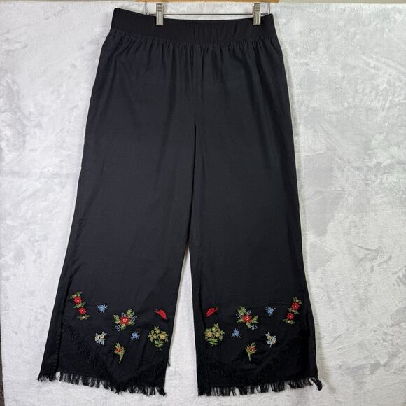 April Cornell Black Wide Leg Pants Women's Medium Embroidered Floral Boho Cotton - Picture 1 of 16